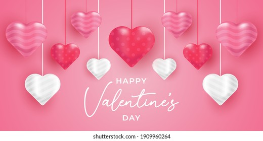 Valentinstag, Vektorhintergrund, Vorlage. Valentinstag Hintergrund mit realistischen Herzen Vektorgrafik. Frohes Valentinstag, Vektorverkaufsbanner, Flyer, Einladung, Poster, Hintergrund-Design