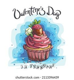 Valentines day vector background illustration with a chocolate basket with rose, strawberry, caramel. For print on demand, magazines and newspapers, book covers.