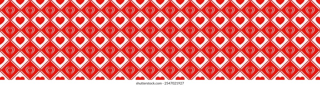 Fondo del Vector del día de San Valentín. Iconos de corazones de amor sin patrón. Símbolos de corazones rojos repetidos Anuncio. Textura ornamental simple para impresiones de ropa, tarjetas de felicitación, diseño de vacaciones