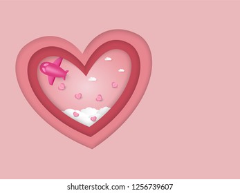 Valentines day vector background with pink heart shape, wing and plane, love concept, paper cut design
