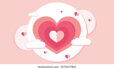 Valentines day vector background with pink heart shape. Valentine frame. Valentines day background with product display and Heart Shaped Balloons. Paper cut style
