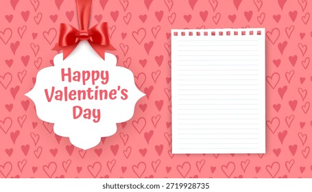 Fondo de Vector del día de San Valentín con un patrón de corazón dibujado a mano romántico. El diseño presenta una burbuja de discurso festoneada blanca con texto "Feliz Día de San Valentín" y una hoja de papel de cuaderno con líneas en blanco para mensajes personalizados.