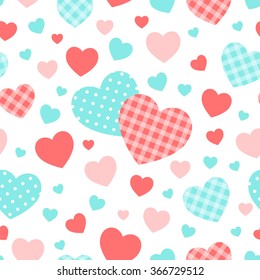 Valentine's day vector background. Seamless pattern. Blue, pink, checkered and polka dots hearts.
