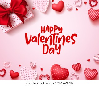Valentines day vector background template. Happy valentines day text in white space with red hearts and gift elements. Vector illustration.
