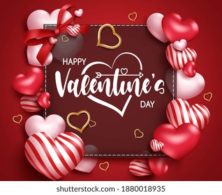 Valentine's day vector background template. Happy valentine's day greeting text in empty space frame with romantic elements like 3d hearts for valentine's day greeting card design. Vector illustration