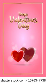 Valentine's day vector background with two hearts. Golden text on pink background