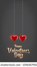Valentine's day vector background with two hearts. Jewelry pendant. Golden text on gray background