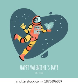 Valentine's day vector banner with astronaut. Funny character in cartoon style