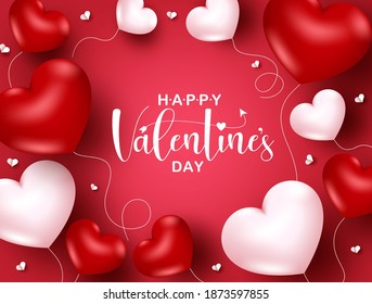 Valentines day vector banner background. Happy valentine's day greeting text with heart balloon and paper cut elements for romantic valentine's day design. Vector illustration 