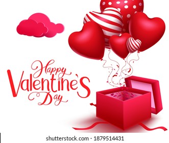 Antecedentes vectoriales del día de San Valentín. Feliz día de San Valentín de texto de saludo con elementos sorpresa como caja de regalo roja, corazón de globo y confeti para el diseño de celebración romántica. Ilustración del vector