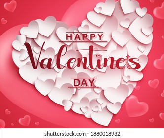 Antecedentes vectoriales del día de San Valentín. Feliz texto de saludo del día de San Valentín en papel blanco romántico cortó el corazón para el diseño de tarjetas de felicitación del día de San Valentín. Ilustración del vector
