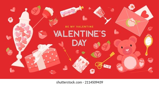 Valentine's day vector banner with cute romantic elements on red background. Holiday Gift Card for advertising, web, social media and fashion. Poster, flyer, greeting card, header for website. Vector
