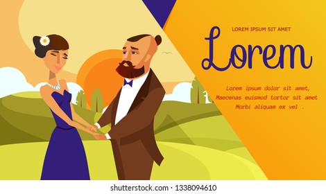 Valentines Day Vector Banner, Poster Template. 14 February Party, Event Flat Flyer with Copyspace. Sunset, Landscape Background. Girlfriend and Boyfriend Characters. Couple on Date. Romantic Postcard