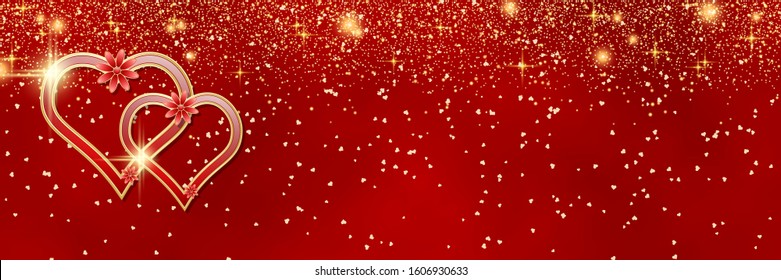 Valentine's Day vector banner. Red blurred background with hearts and light effects