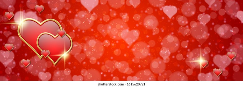 Valentine's Day vector banner. Red blurred background with hearts and light effects
