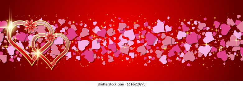 Valentine's Day vector banner. Red blurred background with hearts and light effects