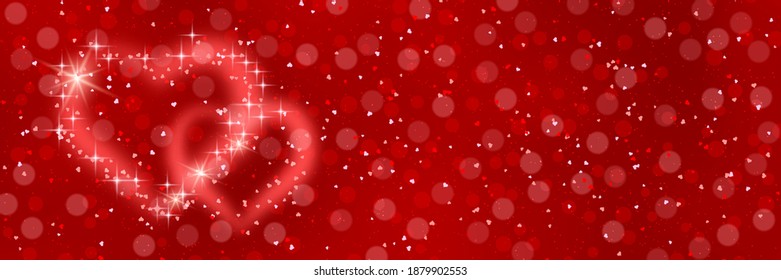 Valentine's Day vector banner. Red blurred background with hearts and light effects
