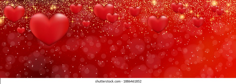 Valentine's Day vector banner. Red blurred background with hearts and light effects