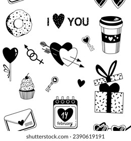 Valentine's day. Vector black and white illustrations of love, hearts, calendar, hands, flowers. Drawings for postcards, greetings, posters, wrapping paper. The 14th of February
