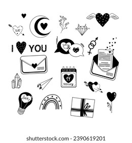Valentinstag. Vektorschwarz-weiße Illustrationen von Liebe, Herzen, Kalender, Hände, Blumen. Zeichnungen für Postkarten, Grüße, Poster, Umhüllungspapier. Der 14. Februar
