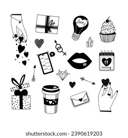 Valentine's day. Vector black and white illustrations of love, hearts, calendar, hands, flowers. Drawings for postcards, greetings, posters, wrapping paper. The 14th of February