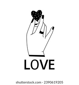 Valentine's day. Vector black and white illustrations of love, hearts, calendar, hands, flowers. Drawings for postcards, greetings, posters, wrapping paper. The 14th of February