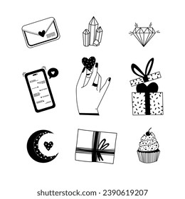 Día de San Valentín. Ilustraciones vectoriales en blanco y negro de amor, corazones, calendario, manos, flores. Dibujos para postales, saludos, afiches, papel envolvente. El 14 de febrero