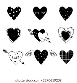 Valentine's day. Vector black and white illustrations of love, hearts, calendar, hands, flowers. Drawings for postcards, greetings, posters, wrapping paper. The 14th of February