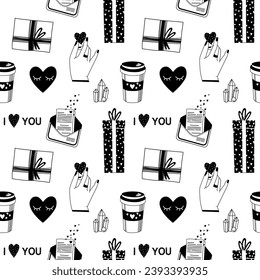 Día de San Valentín. Ilustraciones vectoriales en blanco y negro de amor, corazones, calendario, manos, flores. Dibujos para postales, saludos, afiches, papel envolvente. El 14 de febrero