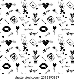 Valentine's day. Vector black and white illustrations of love, hearts, calendar, hands, flowers. Drawings for postcards, greetings, posters, wrapping paper. The 14th of February