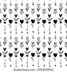 Valentine's day. Vector black and white illustrations of love, hearts, calendar, hands, flowers. Drawings for postcards, greetings, posters, wrapping paper. The 14th of February