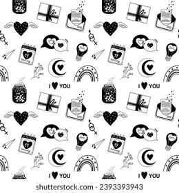Valentine's day. Vector black and white illustrations of love, hearts, calendar, hands, flowers. Drawings for postcards, greetings, posters, wrapping paper. The 14th of February