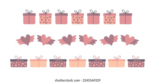 Valentines Day vector borders. Romantic love decorative elements - gift box border. Valentine's day cute illustrations. Border line of hearts with wings. Gifts love elements for festive design, decor.