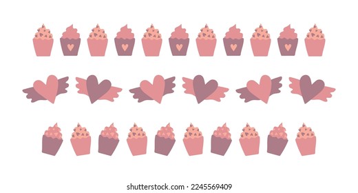 Valentines Day vector borders. Romantic love decorative elements - cupcake border. Valentine's day cute illustrations. Border line of hearts with wings. Love elements for festive design or decor.