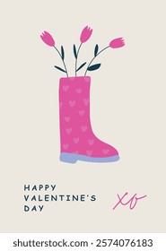 Valentines day vector card with boot and flowers and love romantic messages
