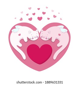 Valentine's Day Vector Card. Couple in love concept. Pink heart with cute cat angels, symbol of cozy fluffy delicate feelings. Print for apparel, greeting card etc.