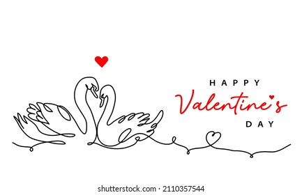Valentines day vector card with couple of swans. One continuous line art drawing of love for background, banner, poster with two swans.