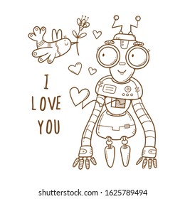Valentine's day vector card with cute cartoon robot and bird. Cheerful couple in love. Outline image without fill.