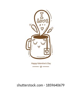 Valentine's day vector card with cute cartoon cup and tea. Cheerful couple in love. Holiday doodle print with mug. Anthropomorphic character in the form of dishes.