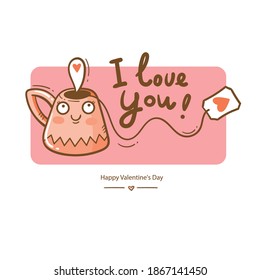 Valentine's day vector card with cute cartoon cup and tea. Cheerful couple in love. Holiday doodle print with mug. Anthropomorphic character in the form of dishes.