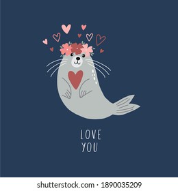 Valentine's Day vector card with cute seal in flat style