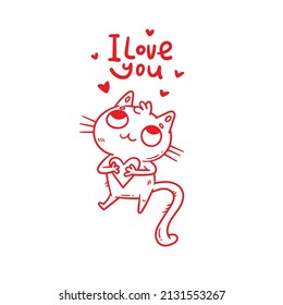 Valentine's day vector card with cute cartoon cat. Cheerful character in love. Doodle cartoon kitten print.