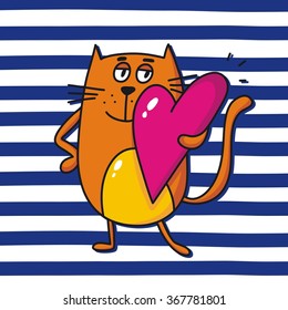 Valentines day vector card with cute cat