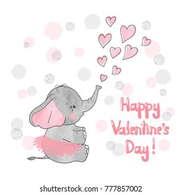 Valentines Day vector card with cute little elephant and hearts.