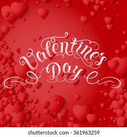 Valentine's Day vector card. Elegant volumetric red hearts with soft shadows over red background. Tender design for you gift or invitation card. 