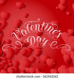 Valentine's Day vector card. Elegant volumetric red hearts with soft shadows over red background. Tender design for you gift or invitation card. 