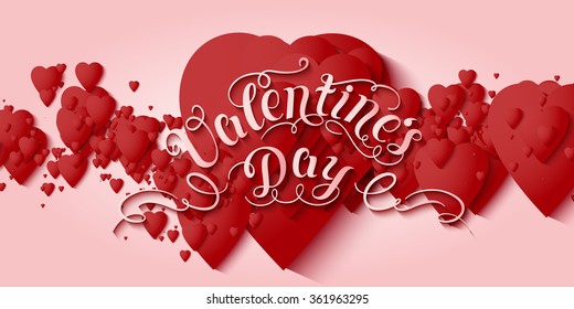 Valentine's Day vector card. Elegant volumetric red hearts with soft shadows over light red background. Chain of hearts. Tender design for you gift or invitation card. 