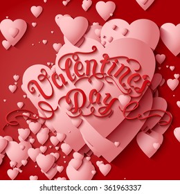Valentine's Day vector card. Elegant volumetric white hearts with soft shadows over red background. Tender design for you gift or invitation card. 