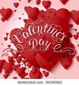 Valentine's Day vector card. Elegant volumetric red hearts with soft shadows over light red background. Tender design for you gift or invitation card. 