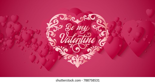 Valentine's Day vector card. Elegant red hearts with soft shadows over red background. Tender design for you gift. Vector illustration of love greeting card with hearts and Be My Valentine typography.